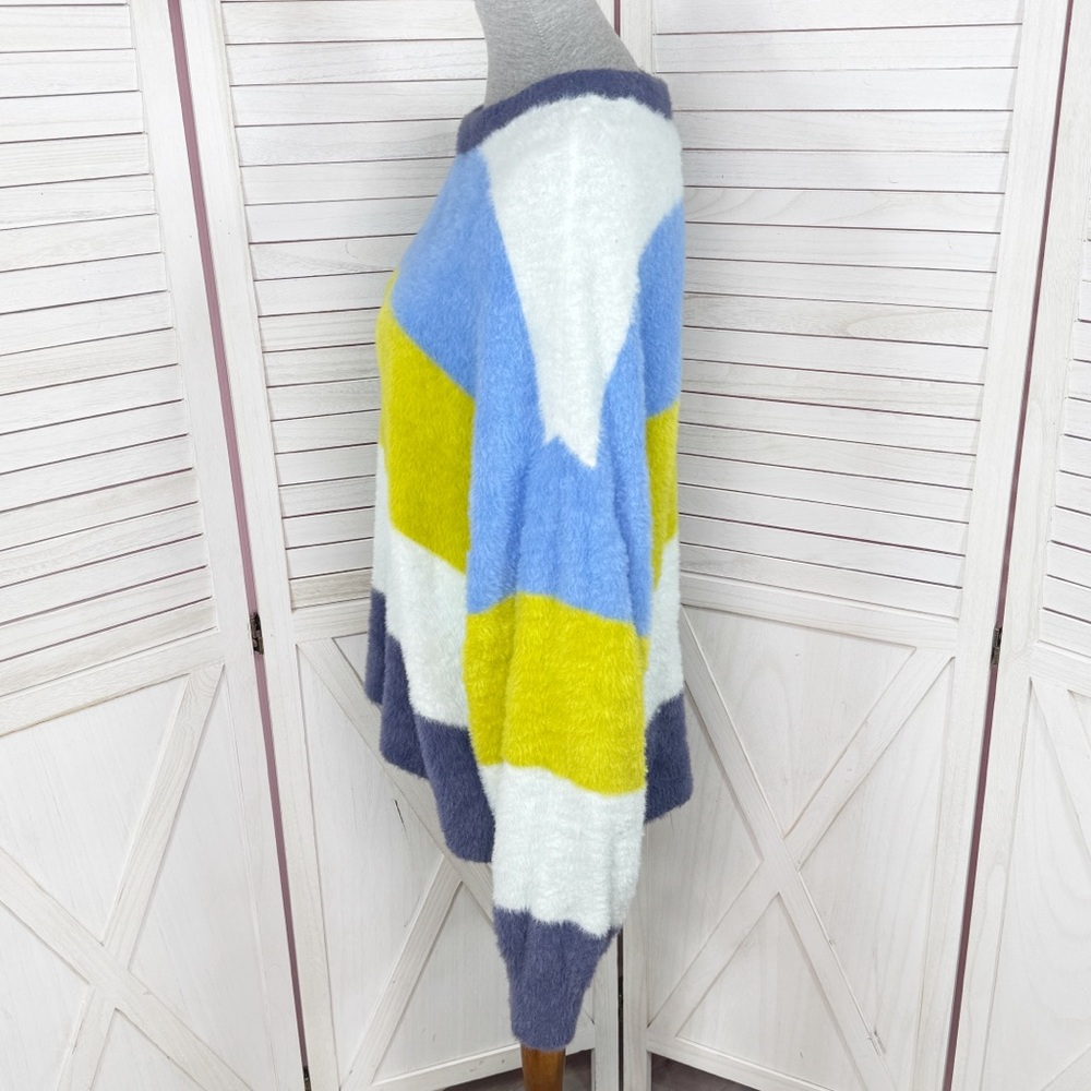 Aerie Flurry Rugby Stripes Fuzzy Oversized Crew Neck Sweater Blue Green‎ Medium - Picture 4 of 15